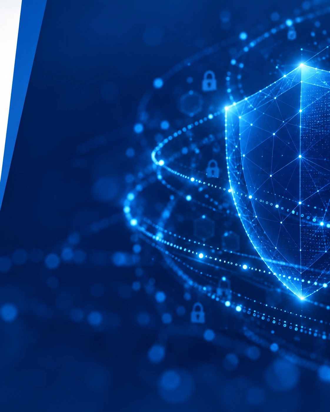 Visualización abstracta de ciberseguridad con escudo digital azul